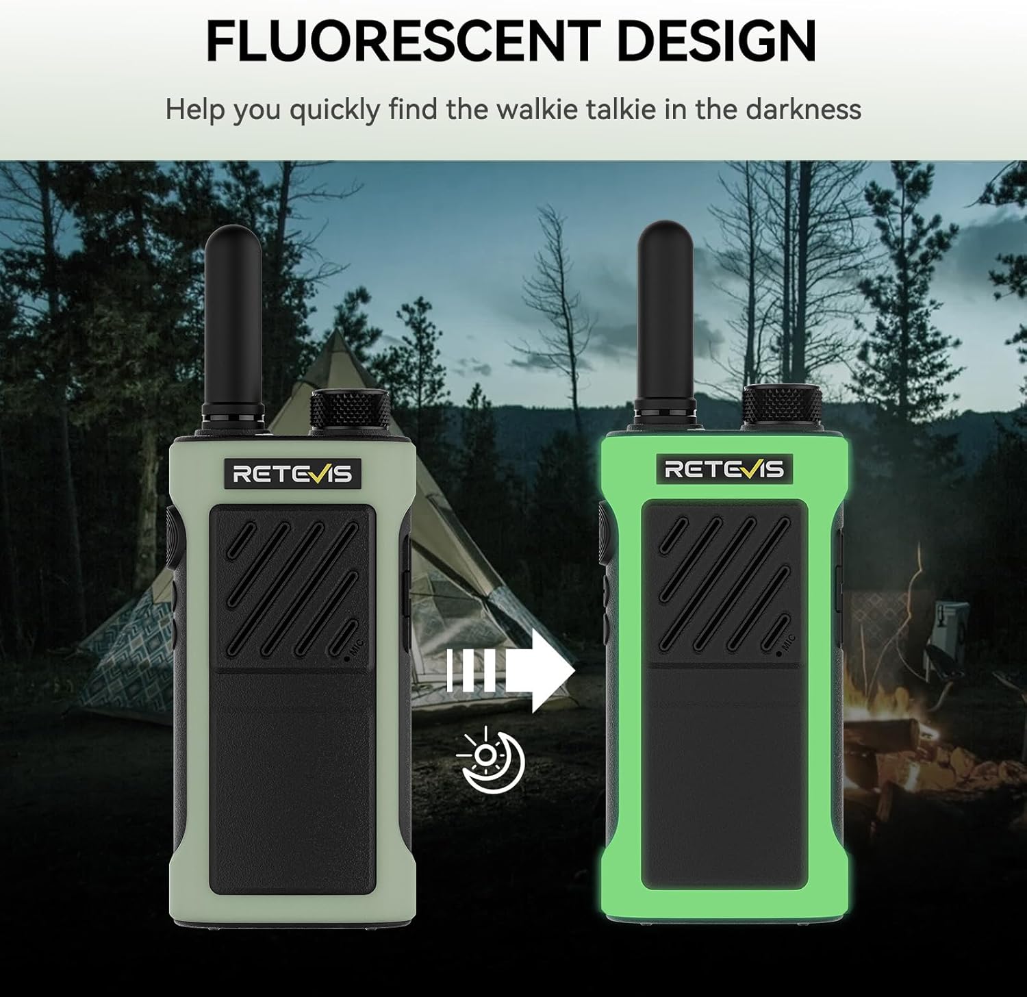 სურათის ჩვენებაasing the fluorescent design of the Retevis RB66P walkie-talkie, illustrating how its green casing glows in the dark for easy visibility.