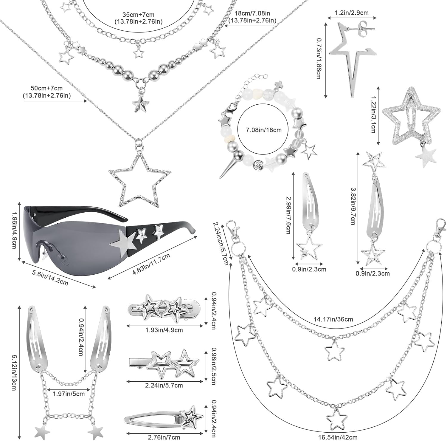 Y2k Accessories, 17 Pcs Y2K Set, Y2K Sunglasses, Star Necklace, Earrings, Hair Clips, Bracelet, Hip Hop Pants Chain Vintage Jewelry Set for Women