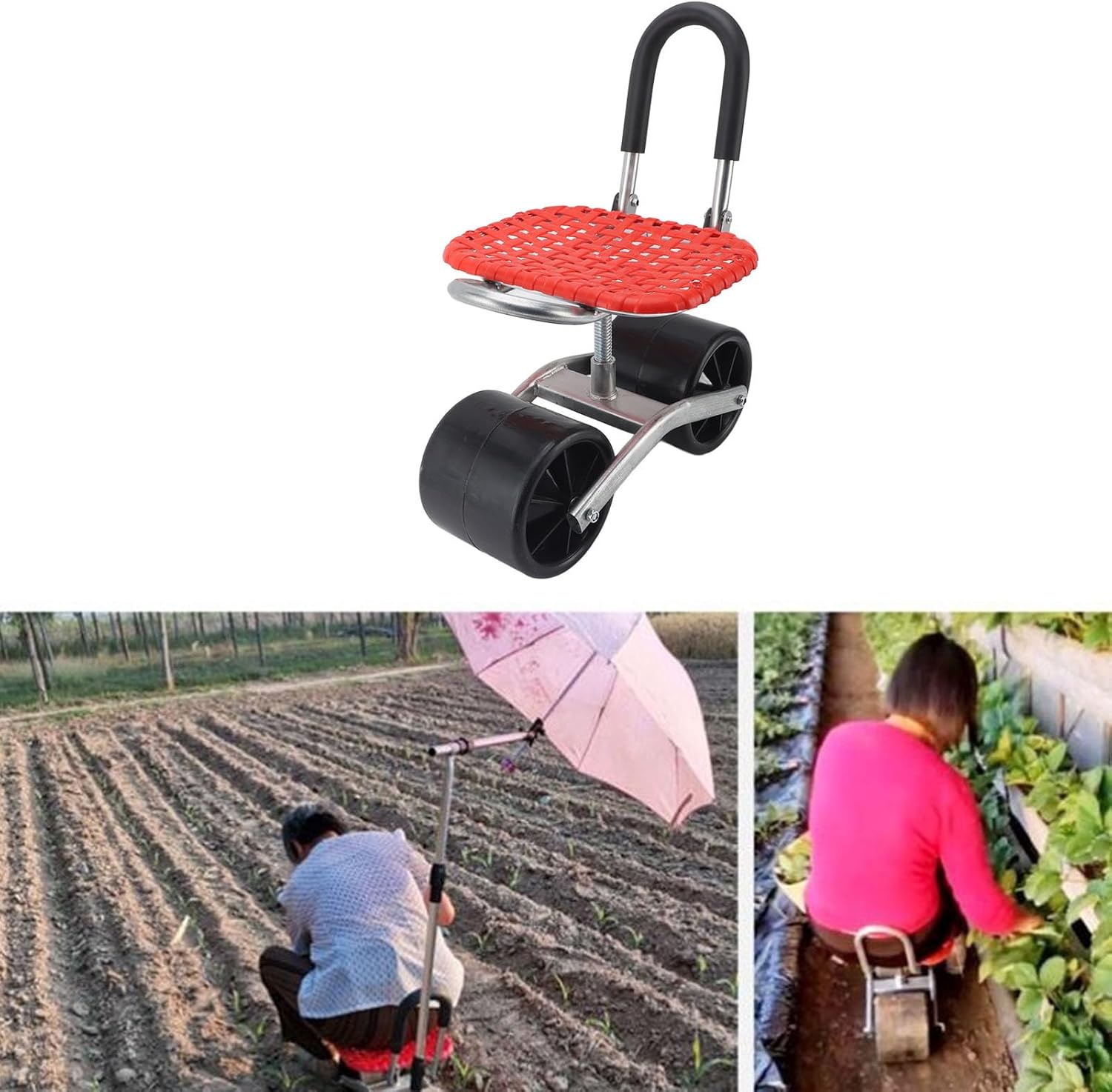 Garden Rolling Work Seat Stool, Iron Cart with 2 Wheels, Garden Tool for Field, Multifunctional Design Increases Work Efficiency
