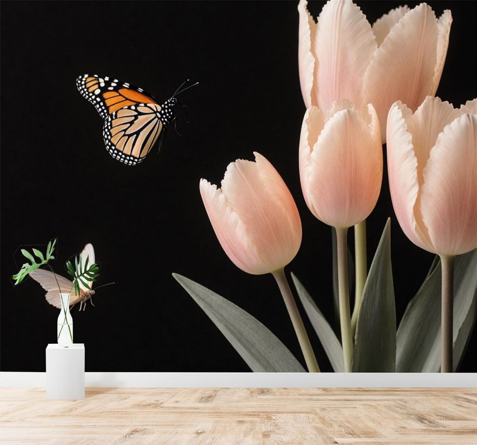 Xlming 250Cm×170Cm(B×H) Beautiful Pink Tulips Butterflies Elegant Flowers Art 3D Wallpaper Silky Texture Home Study Office Grey Dining Room Sofa Bedroom Living Room Tv Backdrop-250Cm×170Cm
