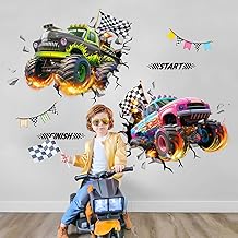 Tanlaby 2 Large 3D Racing Cars Wall Stickers Vehicles Removable Vinyl Wall Art for Boys Bedroom Children's Room Playroom Wall Decoration
