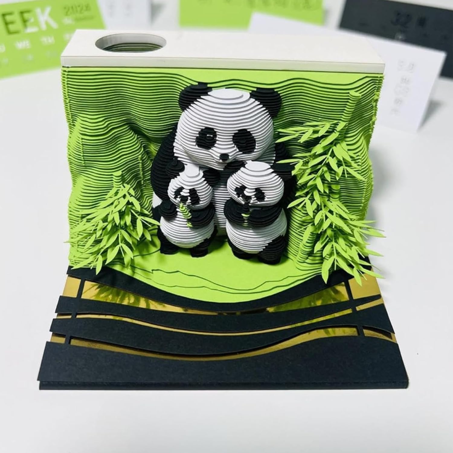 3D Calendar 2026, Panda Family Time Piece Calendar 2026, Daily Tear-Off Memo Pad with LED Glow, Panda Family Paper Carving Desktop Decoration, Unique Holiday & New Year Paper Craft Gift