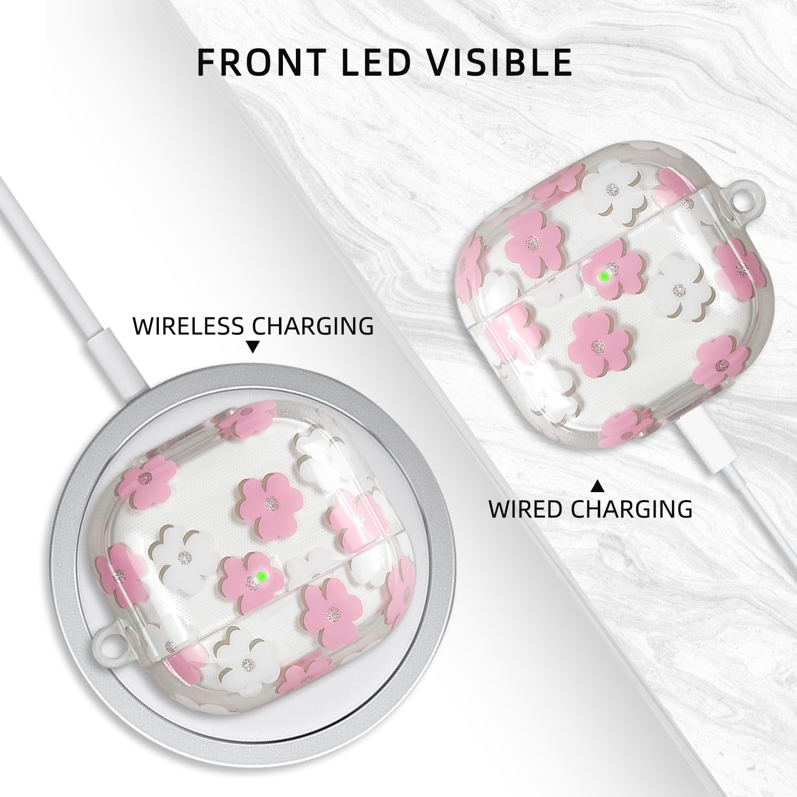Coque AirPods 4 2024 TPU Souple Motif Floral avec Porte-clés et Kit de Nettoyage Rose