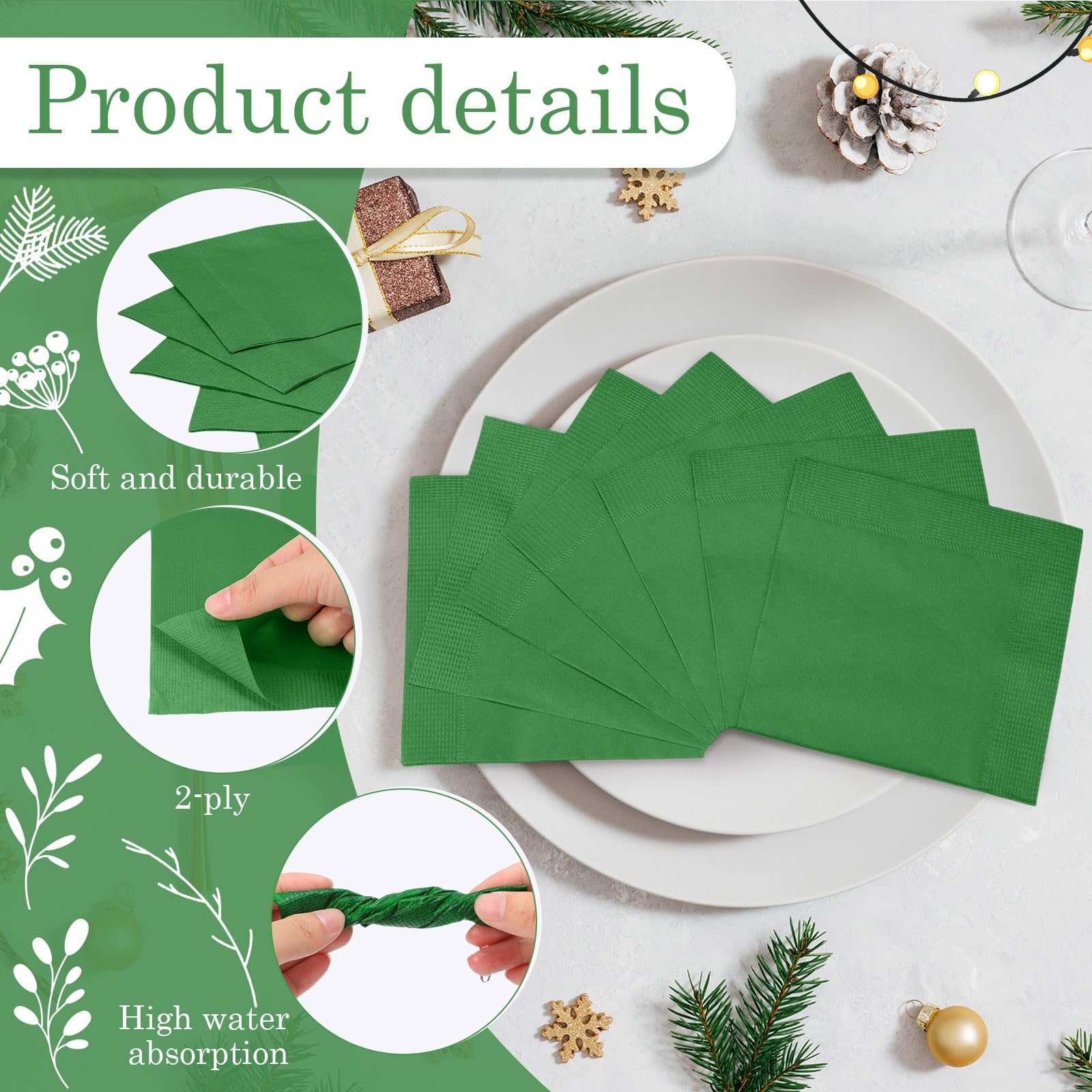 600 servilletas de cóctel de Navidad de 5 x 5 pulgadas, servilletas de papel desechables verdes a granel de 2 capas cuadradas para Navidad, Pascua, boda, cumpleaños, suministros diarios de