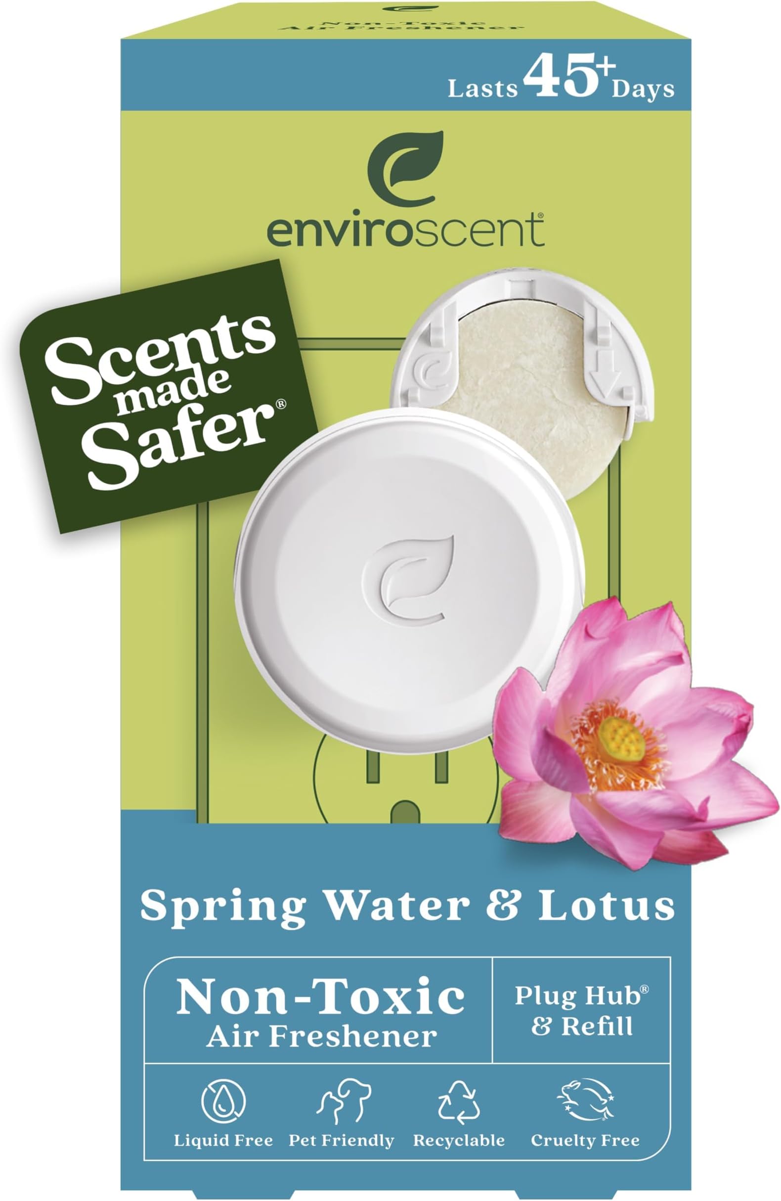 Enviroscent Non-Toxic Air Freshener Plug Hub® Warmer Refillable Kit - Refillable Plug-in Air Freshener for Home w/Paper Refill - Home Fragrance Lasts Up to 45 Days - Spring Water & Lotus Scent