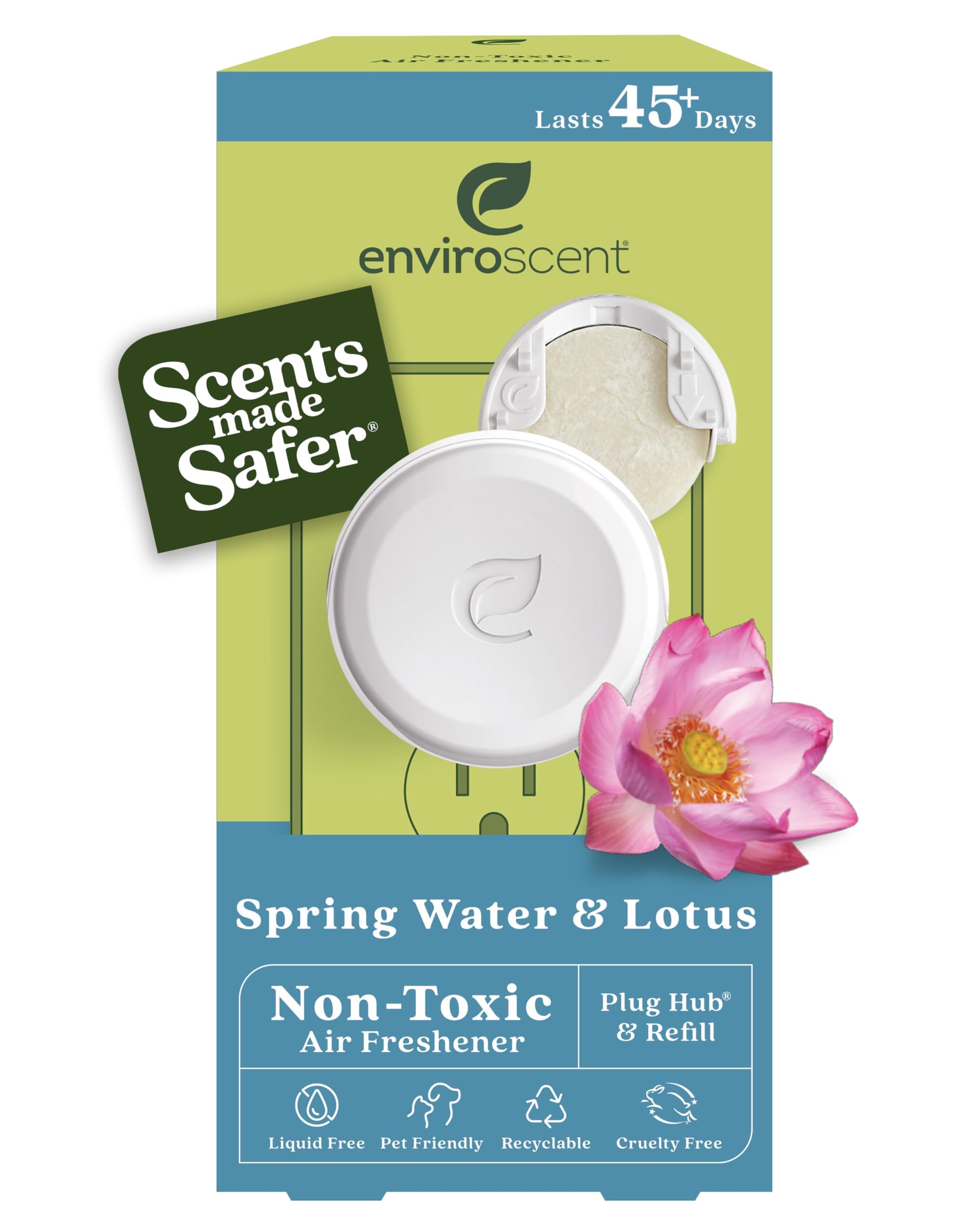 Enviroscent Non-Toxic Plug-in (2-Piece Set) Room & Home Air Freshener Kit (Spring Water + Lotus) Infused with Essential Oils | 1 Refillable Plug Hub & 1 Liquidless Scent Pod