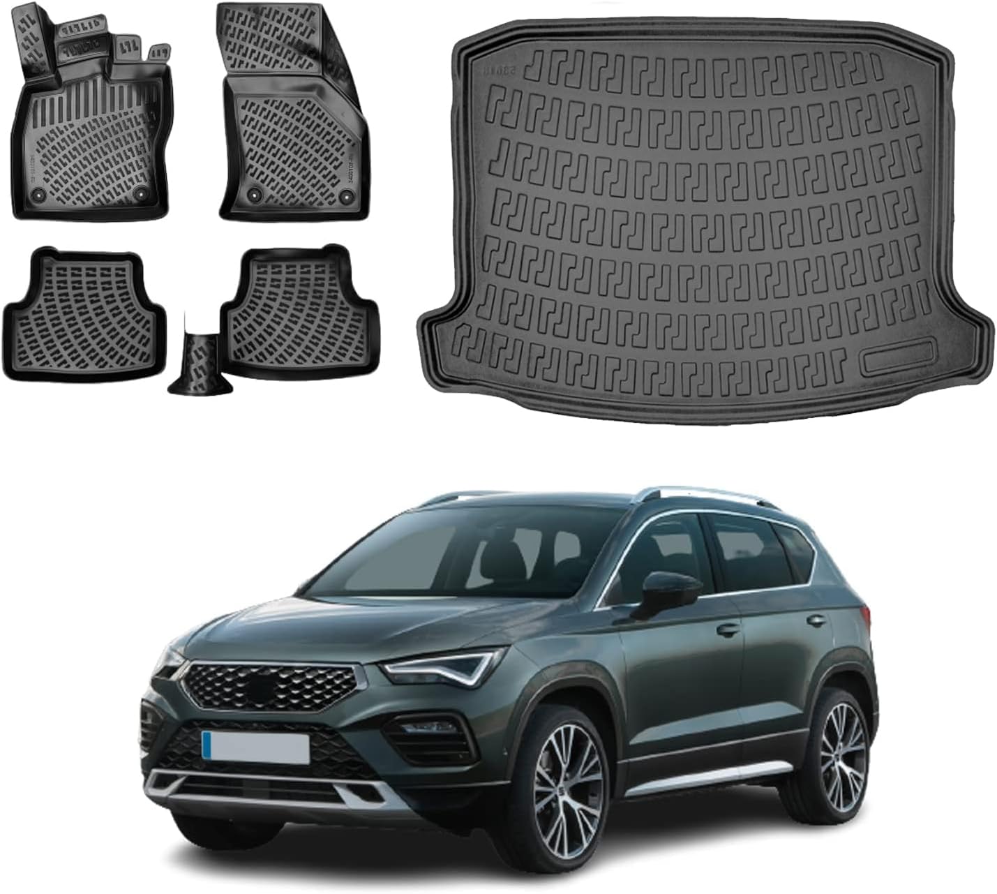 Floor Mats & Cargo Liner fits Seat Ateca 2016-2023, Custom Fit All-Weather TPE Floor Liners, 3D Laser Measured, Waterproof, Durable, Black (Front, Rear & Cargo Set)