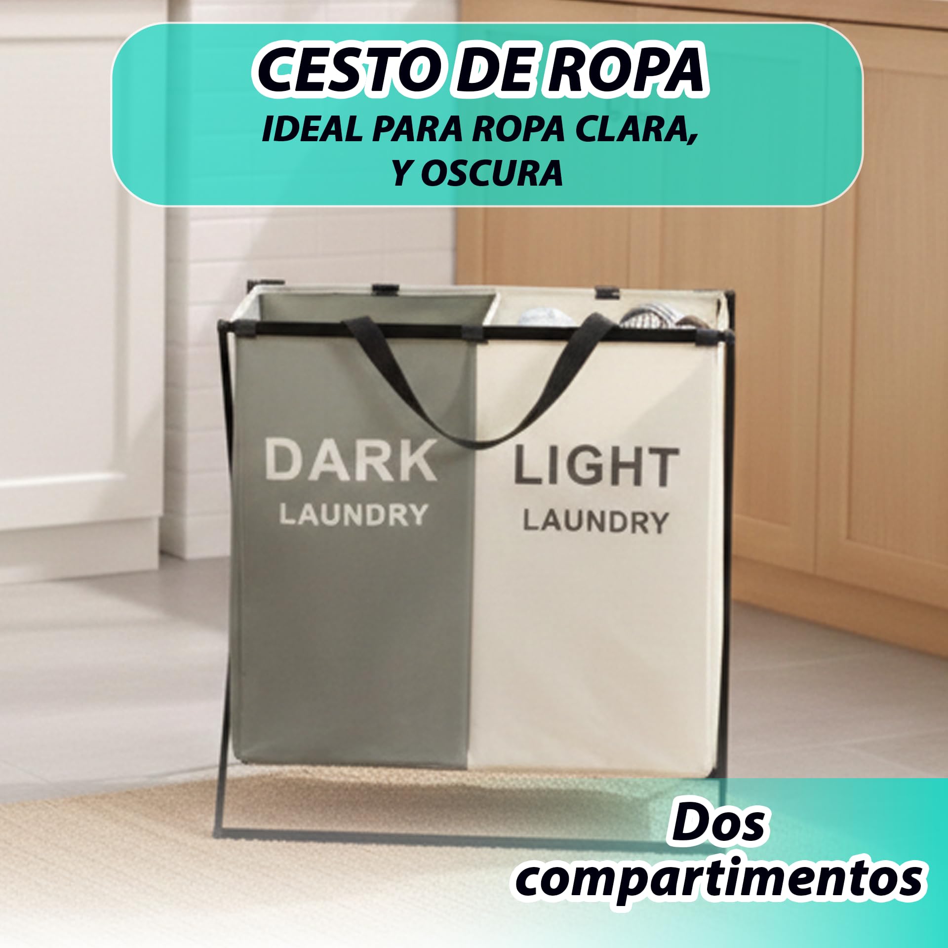 Weida Cesto para la Ropa Sucia con Compartimento | Estructura con Barras de Hierro Resistente | Organización Práctica para Baño, Lavadero o Dormitorio | Funcional (2 Compartimientos 55cm-52cm-33cm)