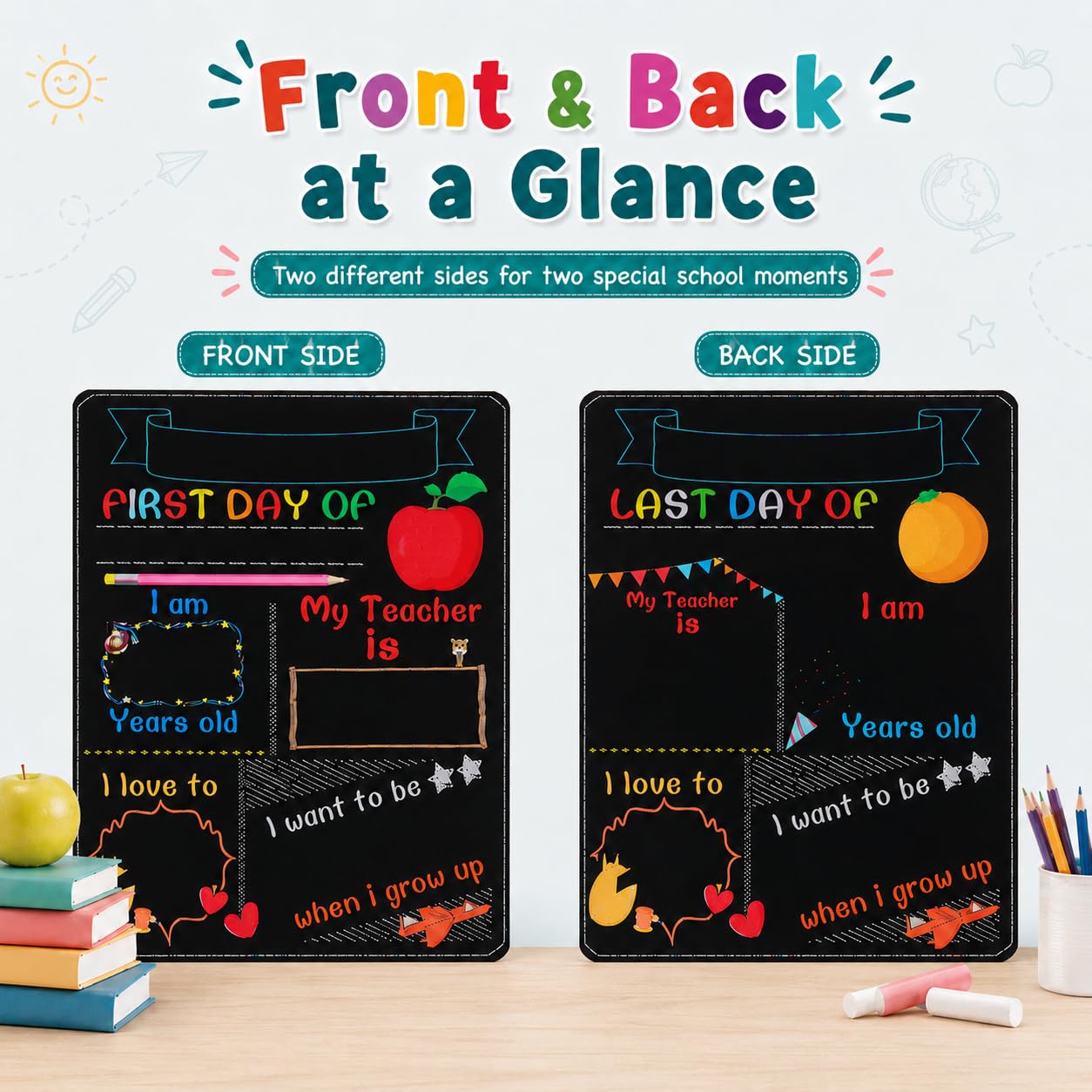 NUOBESTY Lavagna del primo giorno di scuola - Il mio primo giorno di scuola | Riutilizzabile Back to Schools Sign First & Last Day double face Milestone Photo Prop per bambini (24,9 x 19,8 cm)
