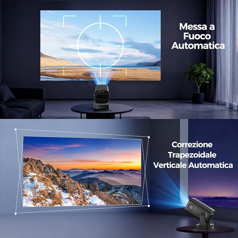 Mini proiector portabil 4K Alwtniet HY310, 1080P, Android, WiFi 6, BT 5.4, 260 ANSI, focalizare automată, corecție trapez, rotație 180 grade, HDMI, U