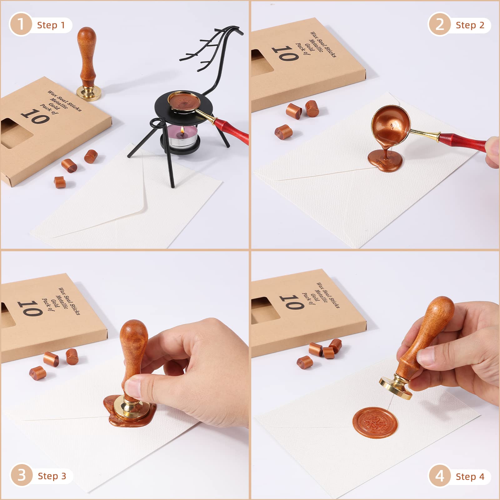 Varillas de cera para sello de cera, oro antiguo metálico, ideal para invitaciones de boda, sobres de tarjetas, correos de caracol, paquetes de vino, ideas de regalo de Navidad, paquete de 10 unidades