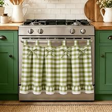 WUBODTI Self Adhesive Gingham Oven Skirt Curtain for Farmhouse Kitchen Decor, Buffalo Plaid Stove Cover with Ruffled Trim and Bow Ties Curtain Valance for Dishwasher Closet Door,Green and White