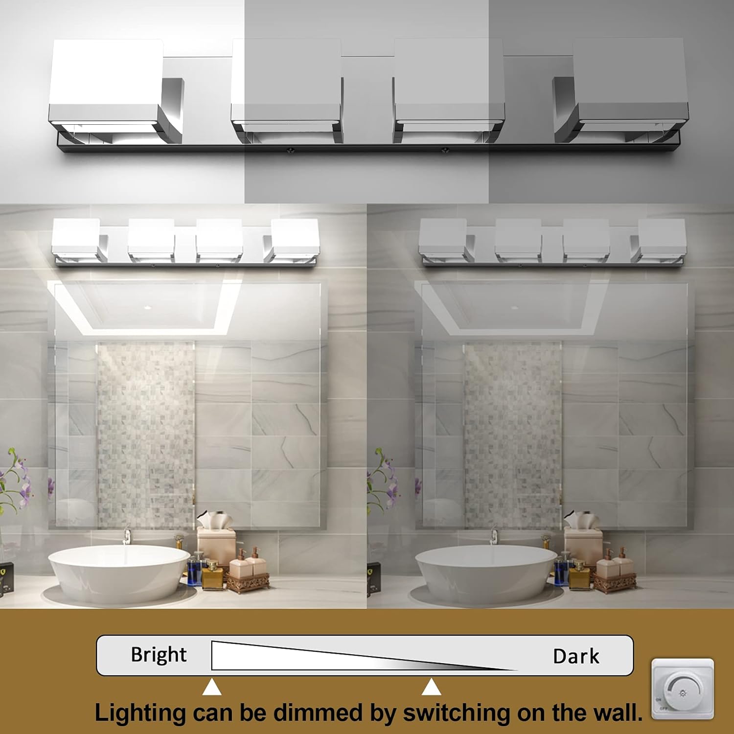 tipace dimmable modern 4 lights led vanity light for bathroom up and down chrome bathroom wall light fixtures over mirror(white light 6000k) chrome 4 lights