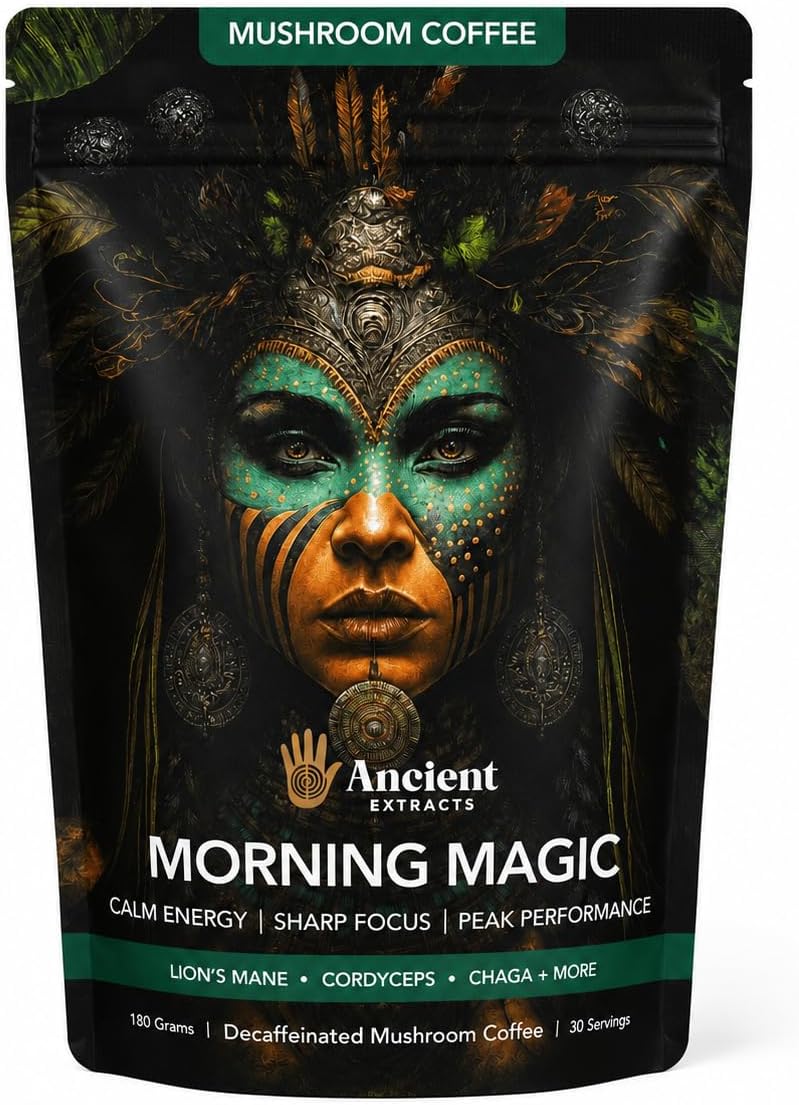 Ancient Extracts Morning Magic Mushroom Coffee (180g) Decaf Arabica with Lions Mane, Cordyceps Ashwagandha & Maca Root | 15:1 Extract Blend, 30% Beta Glucans | 100% Natural Coffee Alternative
