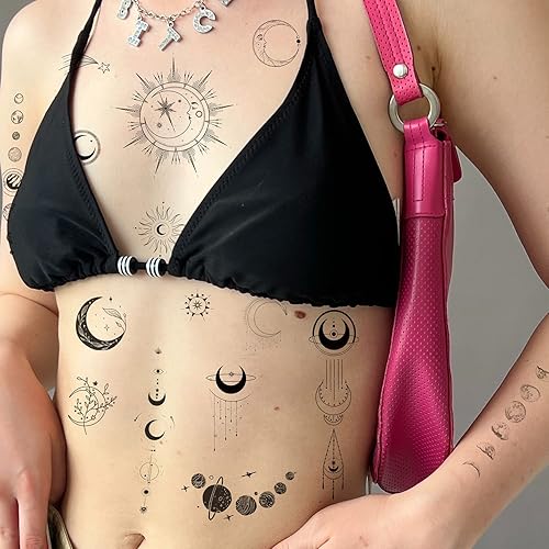Miniatura 2 de Tatuajes temporales realistas con diseño de luna, sol, estrellas, planetas espaciales, tatuajes temporales para mujeres