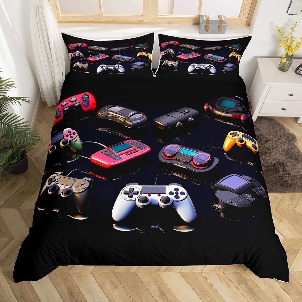 Teens Gamepad Gamping Duvet Cover Set 3Pcs,Modern Gamer Theme Bedding Set Queen Size for Kids Boys Men Room Decor,Video Games Black Printed Comforter Cover Player Gaming Quilt Cover,2 Pillowcases