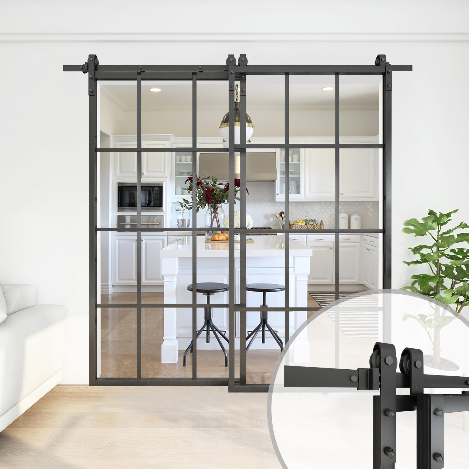 JUBEST Bypass Double Glass Barn Door 84 x 84 in with 7.5FT Side-Mounted Hardware Kit, 2 Sets of 42x84 in Clear Tempered Glass Aluminum Black Frame Barn Door(Fit Max Opening 77 3/4"), Easy Assembly