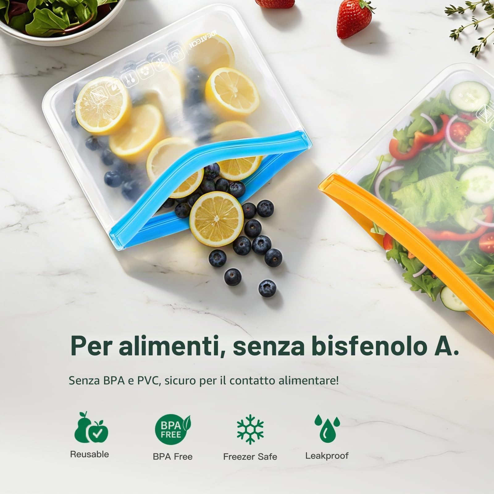 IDEATECH Sacchetti Silicone Freezer 20 Pack Riutilizzabili Buste Alimenti Richiudibili Congelatore Cibo Ermetici Zip BPA Free Gelo Verdura Carne Frutta
