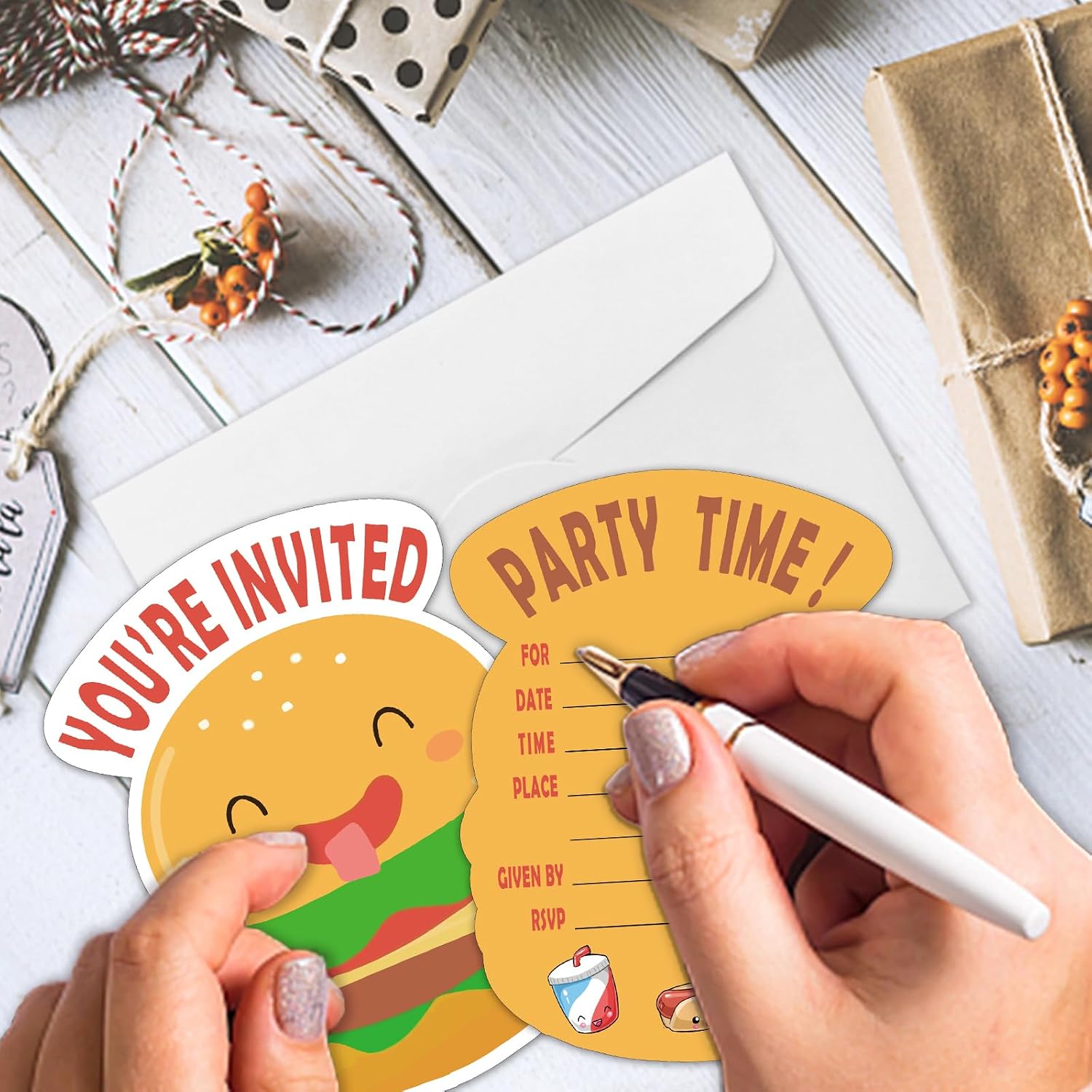REWIDPARTY Cute Hamburger Party Invitation Cards with Envelopes & Stickers（Set of 15） Shaped Fill-in Invitations Party Supplies Favors for Birthday Baby Shower Party Celebration Cards for Kids Teens