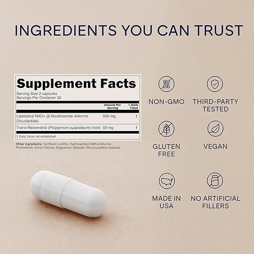 Miniatura 7 de NAD+ y resveratrol Fórmula de rutina diaria para una vida equilibrada y hábitos a largo plazo Mezcla liposomal en botella de 60 cápsulas fácil