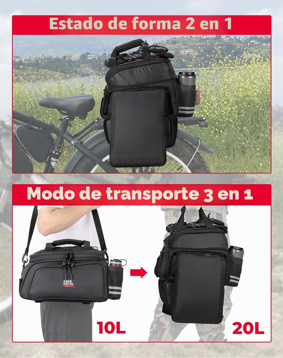KEMIMOTO Alforja 3 en 1 para portaequipajes, 20 l y Resistente al Agua, Varios Compartimentos, con asa y Correa para el Hombro, Bolsillos Traseros con Protector de Lluvia