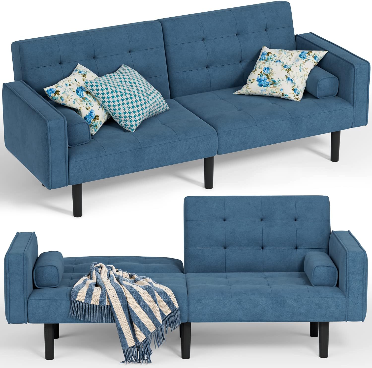 YESHOMY Futon Sofa Bed Convertible Sectional Sleeper Couch, Splitback Loveseat with Tapered Legs, 74", Small Lounge for Living Room, Study and Bedroom, Sea Blue