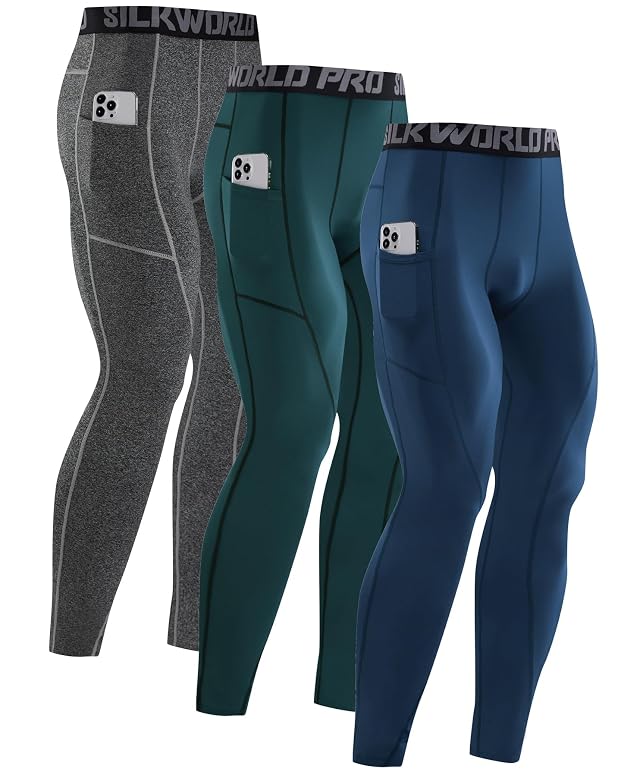SILKWORLD Mens 1 3 Pack Compression Pants Pockets Cool Dry Gym Leggings Baselayer Running Tights
