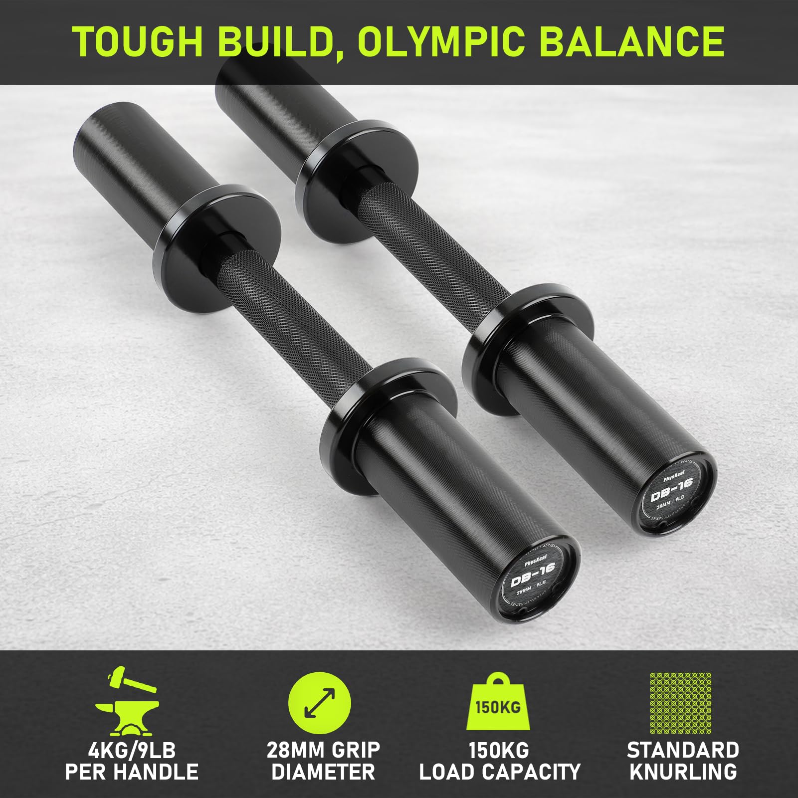 PhysKcal Coppia di manubri regolabili per dischi da 50 mm, manico Olympia-Dumbell da 16" con manico da 28 mm, Dumbell Bar per dischi Olympia