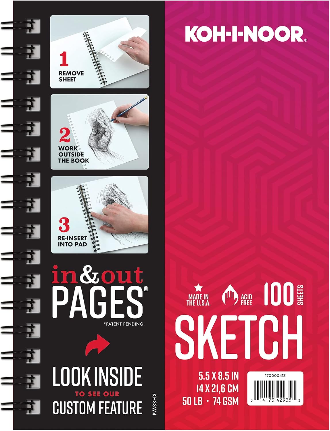 Koh-I-Noor Sketch Paper Pad with in & Out Pages, 50 lb. / 74 GSM, 5.5" x 8.5", Side Wire Bound, 100 White Sheets/Pad, 1 Each