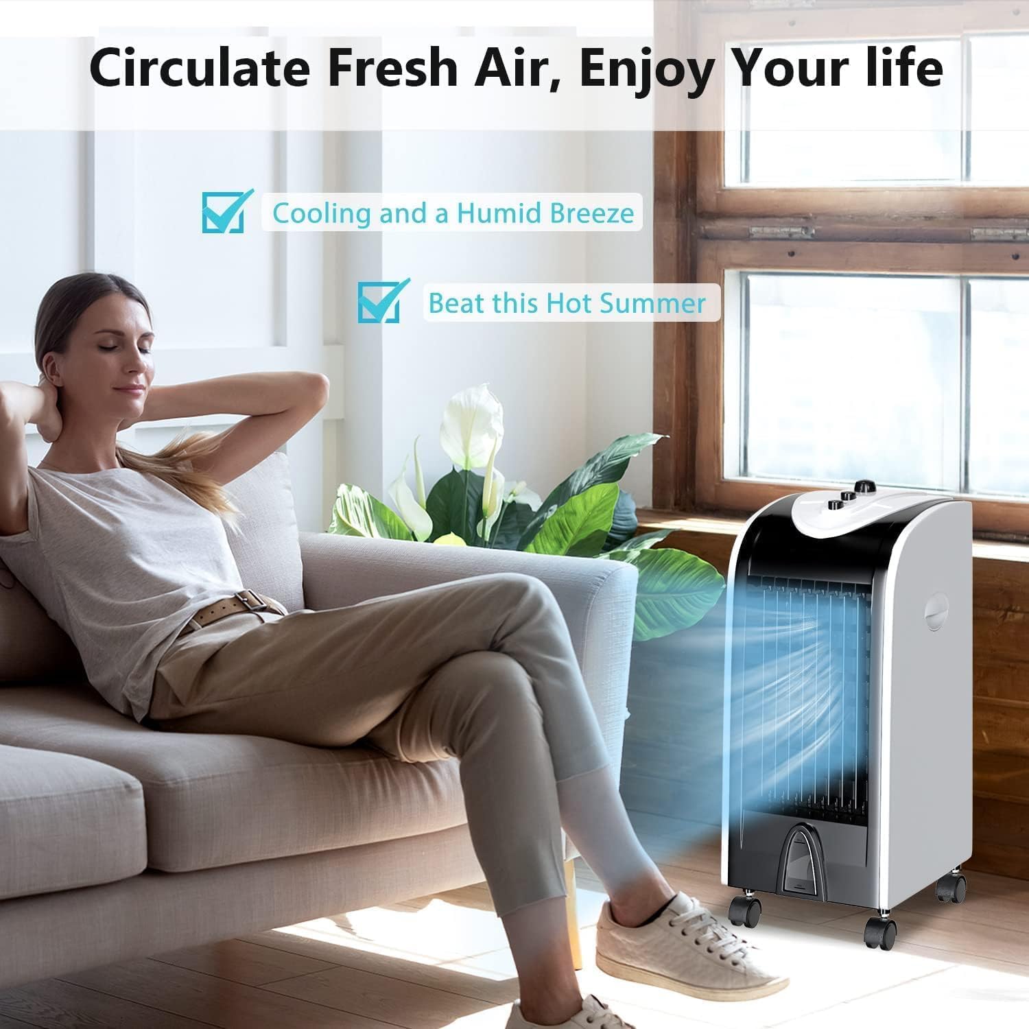 SIMOE Portable Evaporative Air Cooler, Swamp Cooler with Fan & Humidifier, 7.5 Timer, 3 Speeds, 2 Ice Packs, Portable Air Conditioners for Bedroom, Living Room, Office