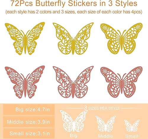 Miniatura 6 de 72 calcomanías 3D de mariposa para decoración de pared, 3 estilos, 3 tamaños, calcomanías de mariposa para fiesta de mariposa, decoración de