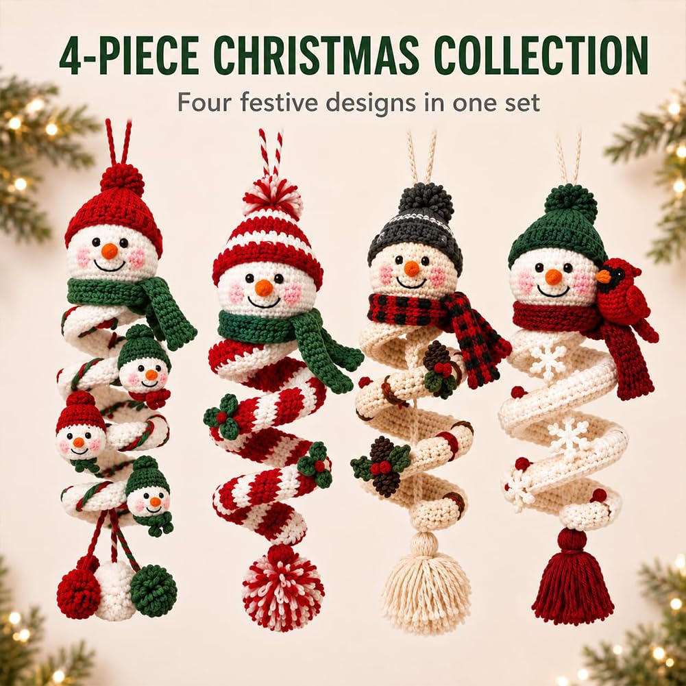 LLELEMAMO Häkelset Weihnachten, DIY-Set für einen Gehäkelten Schneemann als Spiralschmuck, Kreatives Häkelset mit Garn und Zubehör, Weihnachtsdeko und Baumschmuck für Erwachsene (4PCS-B)