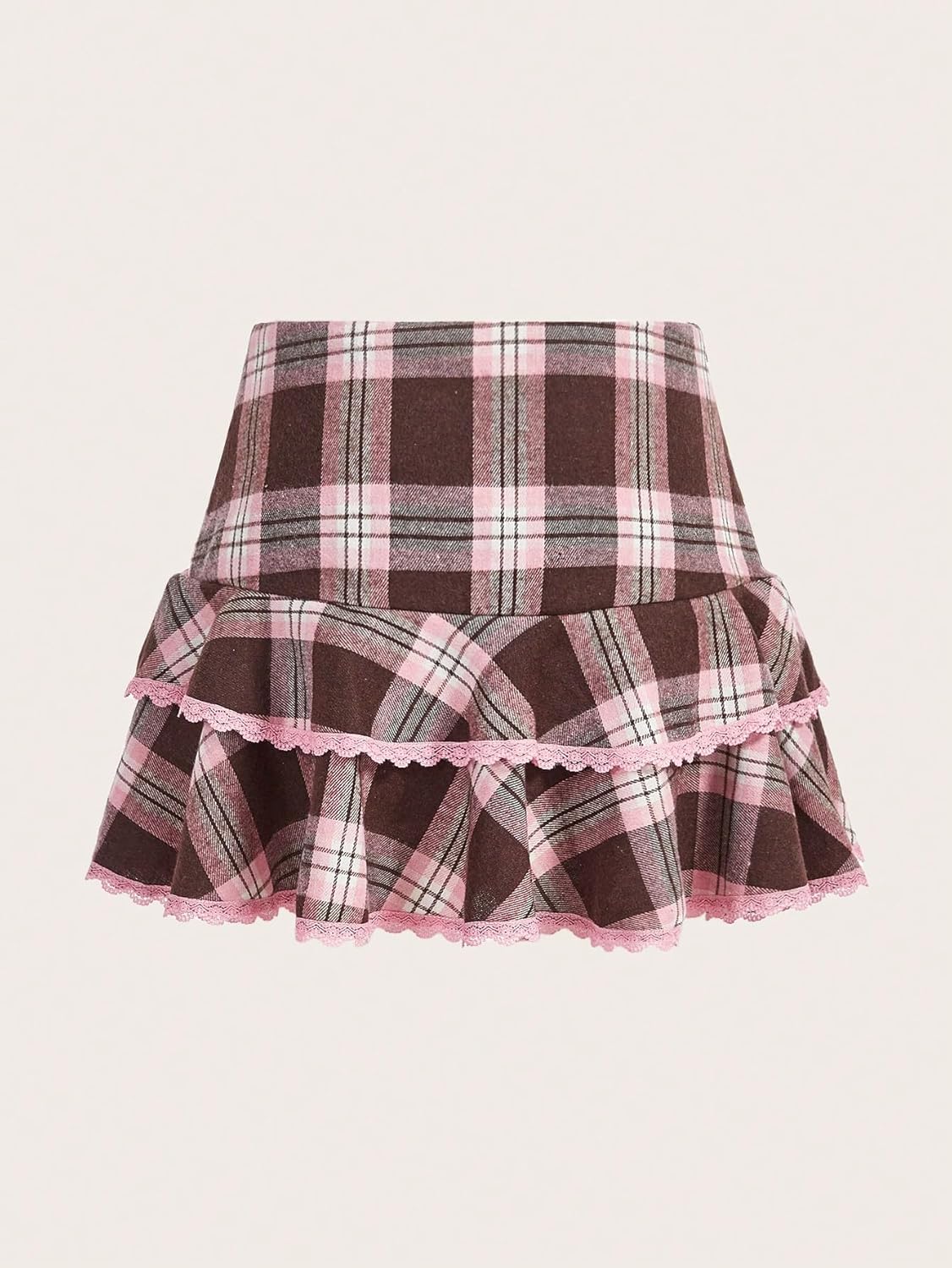 Floerns Women's Y2K Preppy Layered Ruffle Plaid Skirt Floral Lace High Waisted A Line Mini Skirts