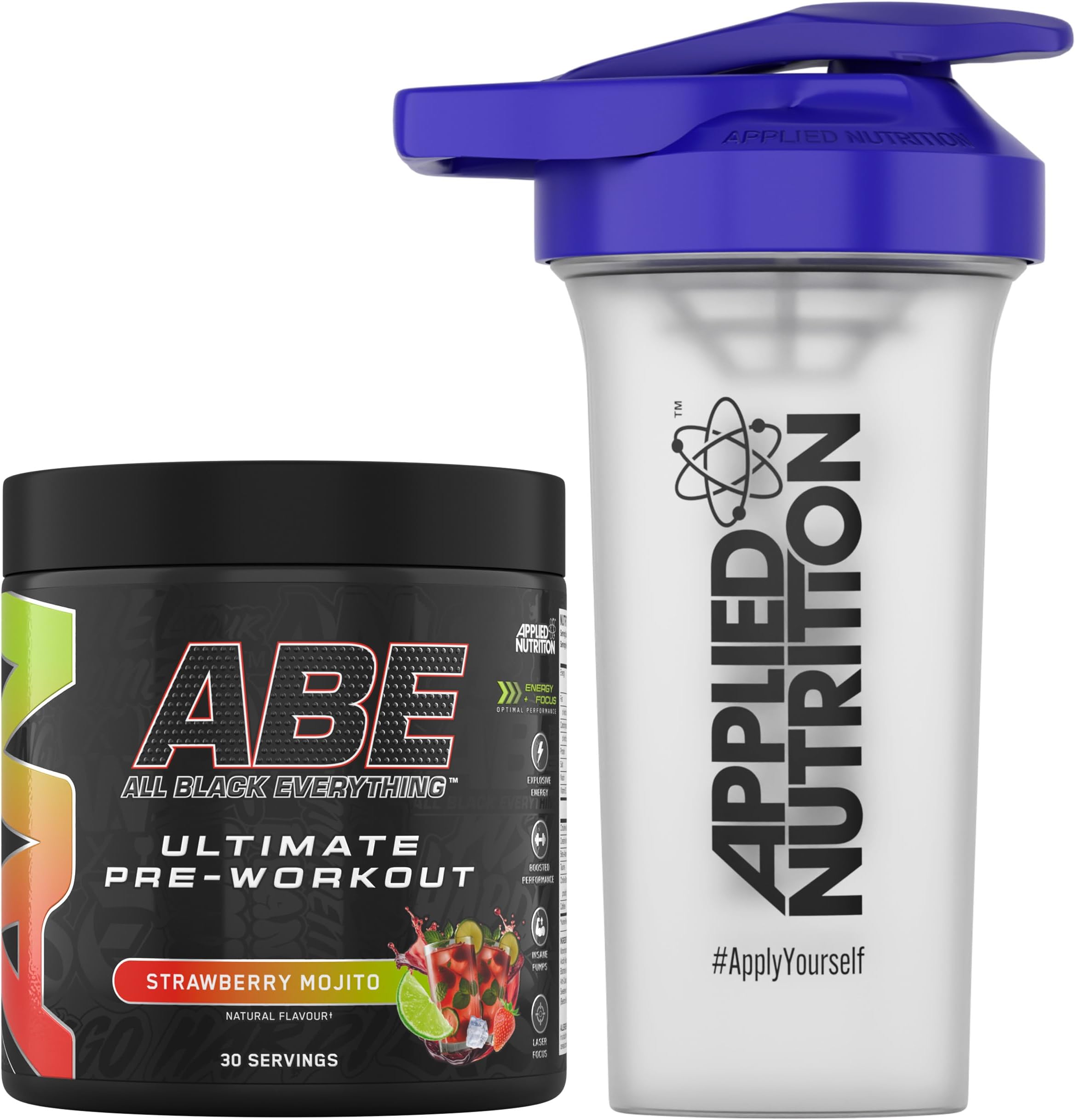 Applied Nutrition Bundle ABE Pre Workout 375g + 700ml Protein Shaker | All Black Everything Pre Workout Powder, Energy & Physical Performance with Creatine, Beta Alanine (Strawberry & Mojito)