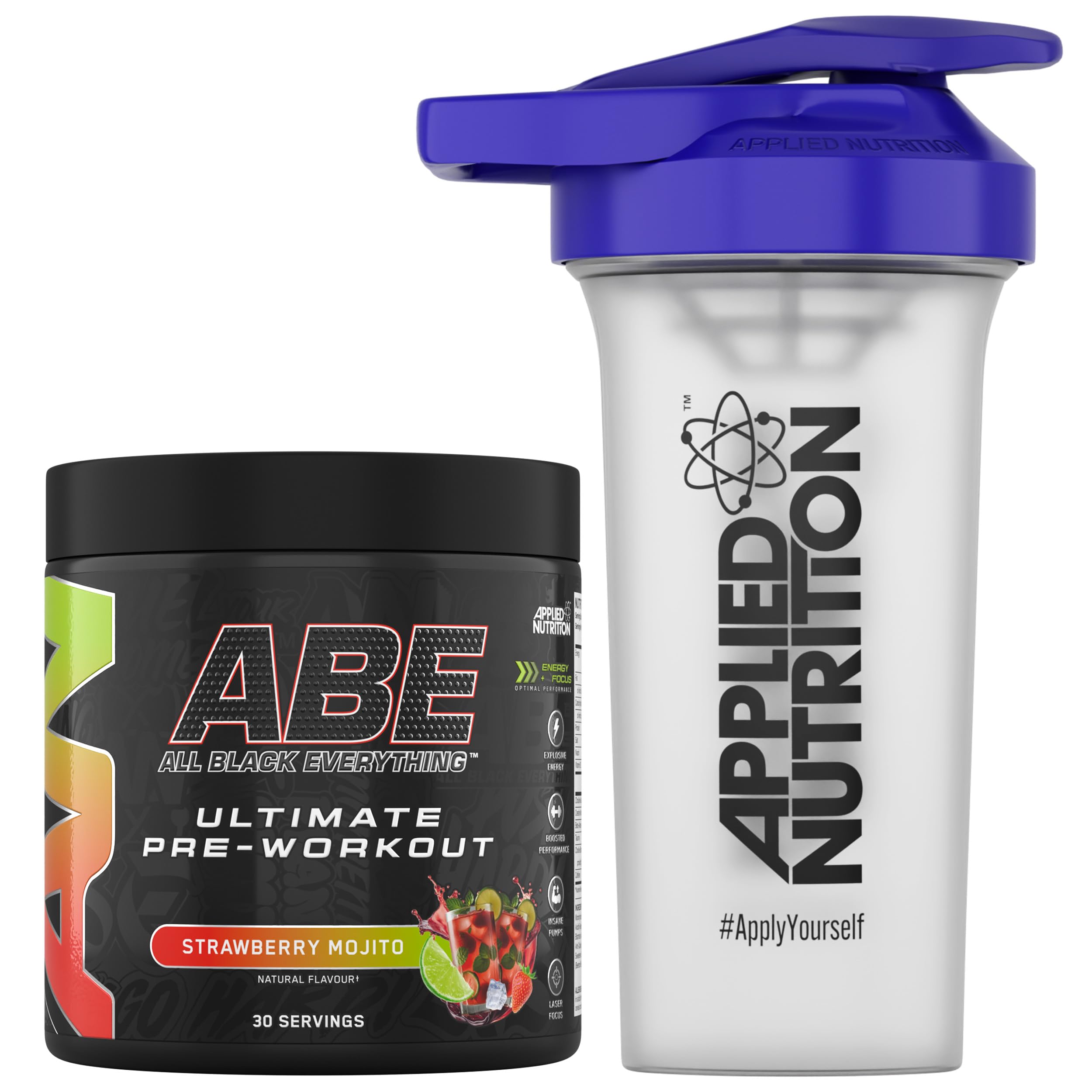 Applied Nutrition Bundle ABE Pre Workout 375g + 700ml Protein Shaker | All Black Everything Pre Workout Powder, Energy & Physical Performance with Creatine, Beta Alanine (Strawberry & Mojito)
