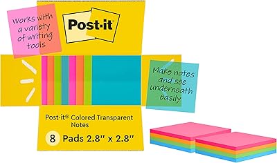 Post-it Colored Transparent Sticky Notes, 3x3 in, 8 Pads/Pack, 36 Sheets/Pad, Sticks Securely and Removes Cleanly