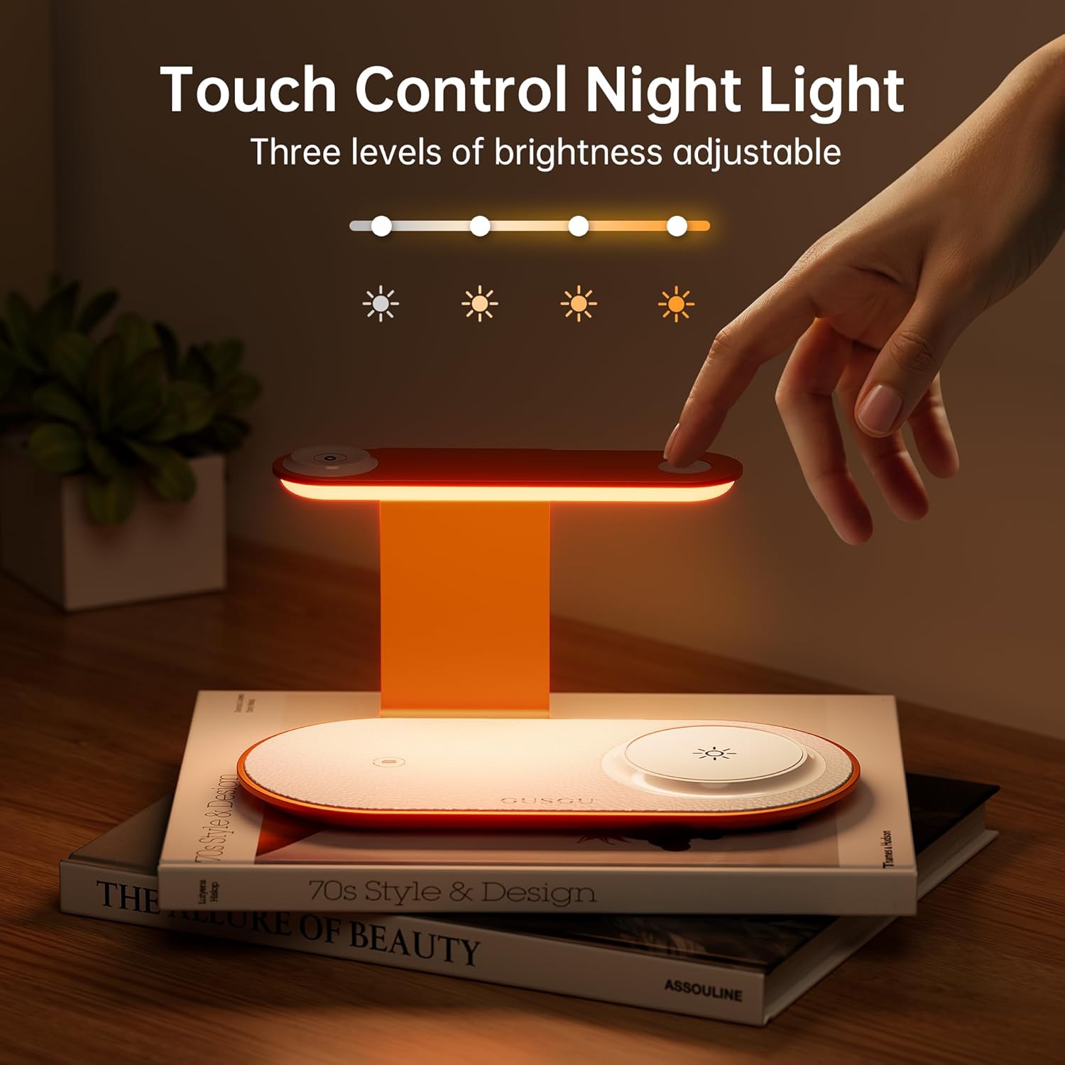 GUSGU 3 in 1 Charging Station for MagSafe Wireless Charger with Three-Level Night Light, 15W Max Fast Charging for iPhone Series/Samsung Galaxy Series, Apple/Samsung Watch Series, AirPods-Orange - Image 2