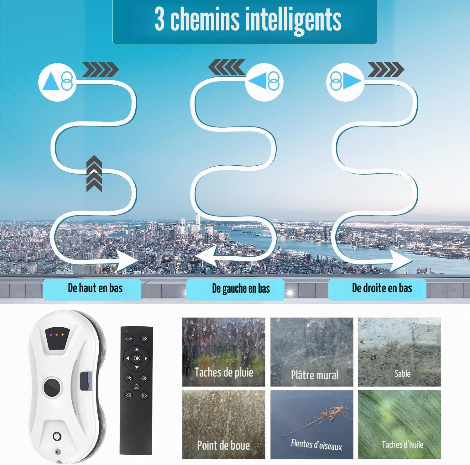 Robot Laveur de Vitre, 5600Pa Laveur de Vitre Automatique avec Fonction de Pulvérisation, Navigation Intelligente, 3 Modes de Nettoyage, Corde de Sécurité et UPS, pour Fenêtres, Verre, Miroirs