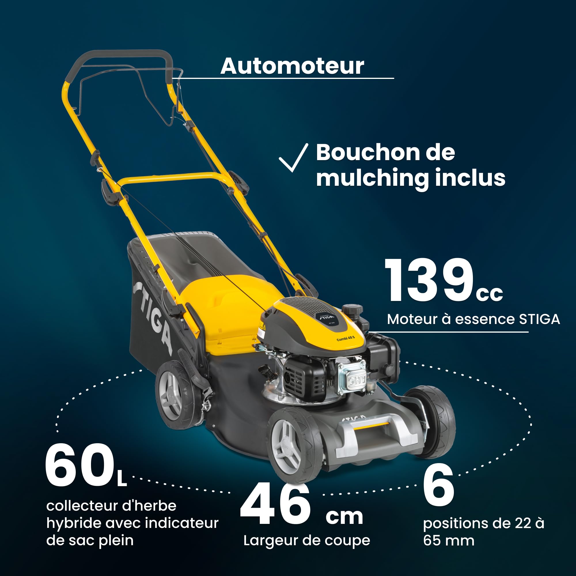 STIGA Combi 48 S Tondeuse Thermique, 139 cm³, 46 cm – Bac 60 L, Mulching Intégré, Réglage 6 Positions – Pelouses Jusqu’à 1 200 m², Gris