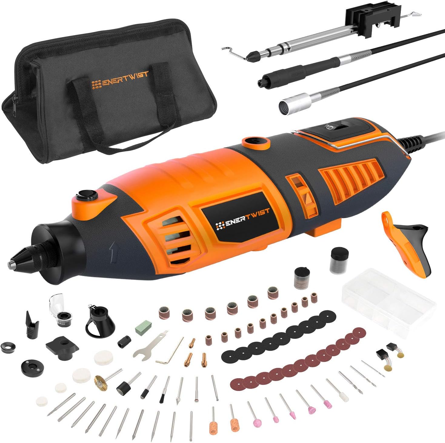 EnerTwist Rotary Tool Kit with MultiPro Keyless Chuck, 36" Flex Shaft, 10 Universal Attachments and 130 Accessories, Variable Speed Electric Drill Set for Home DIY and Crafting Projects, ET-RT-170