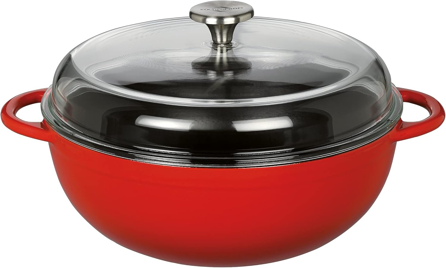 KÜCHENPROFI High Cast Iron Frying Pan 28 cm Enamelled with Side Handles and Glass Lid Red (0402600428)