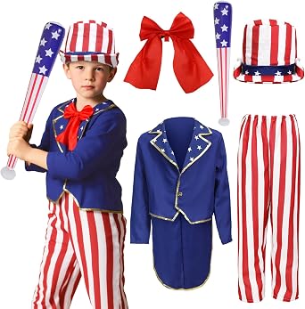 Kids Uncle Sam Costume Boys Independence Outfits with Inflatable Baseball Bat Halloween Costumes Cosplay Props