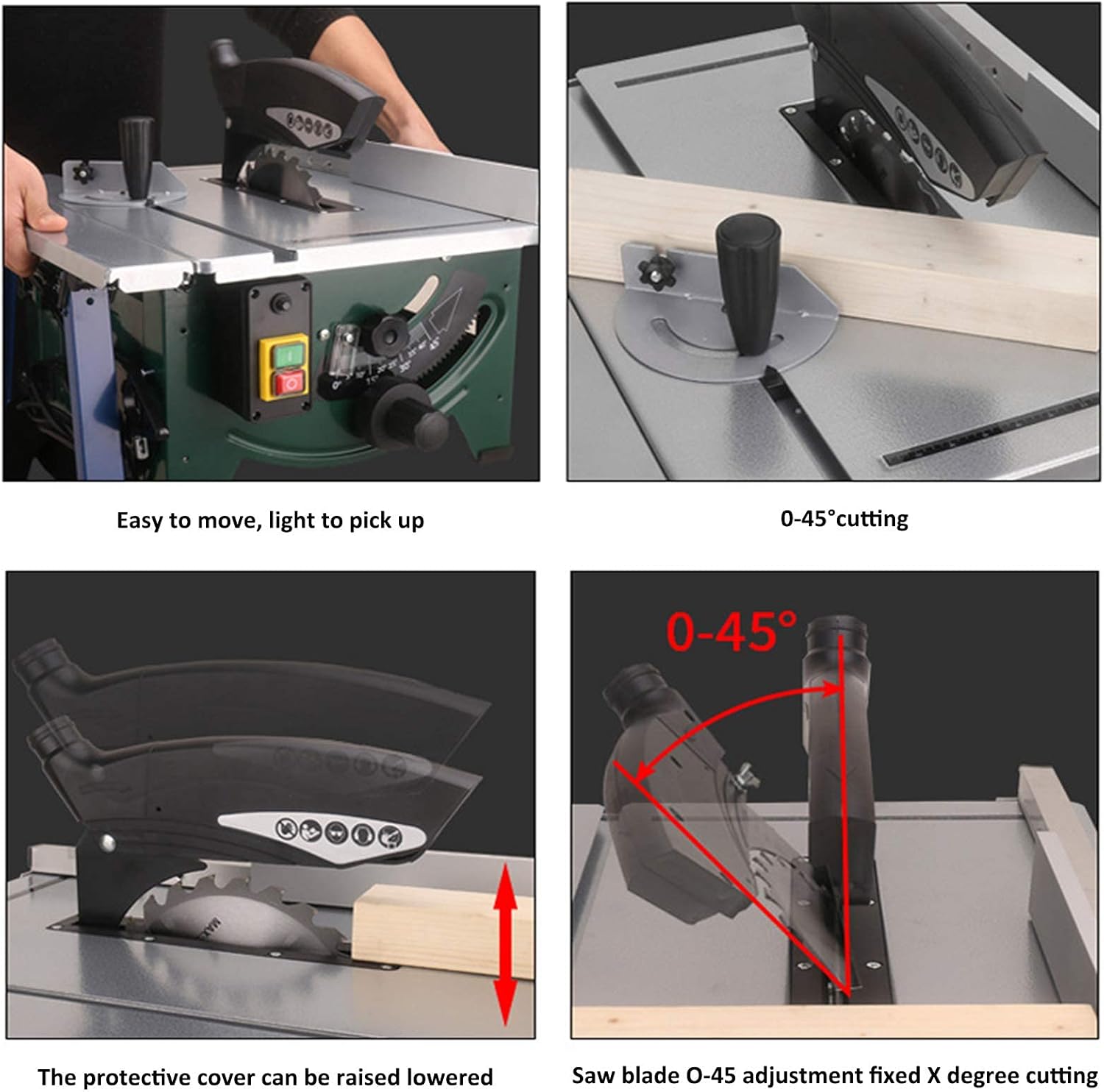 0-45 degree cutting angle adjustment on the table saw