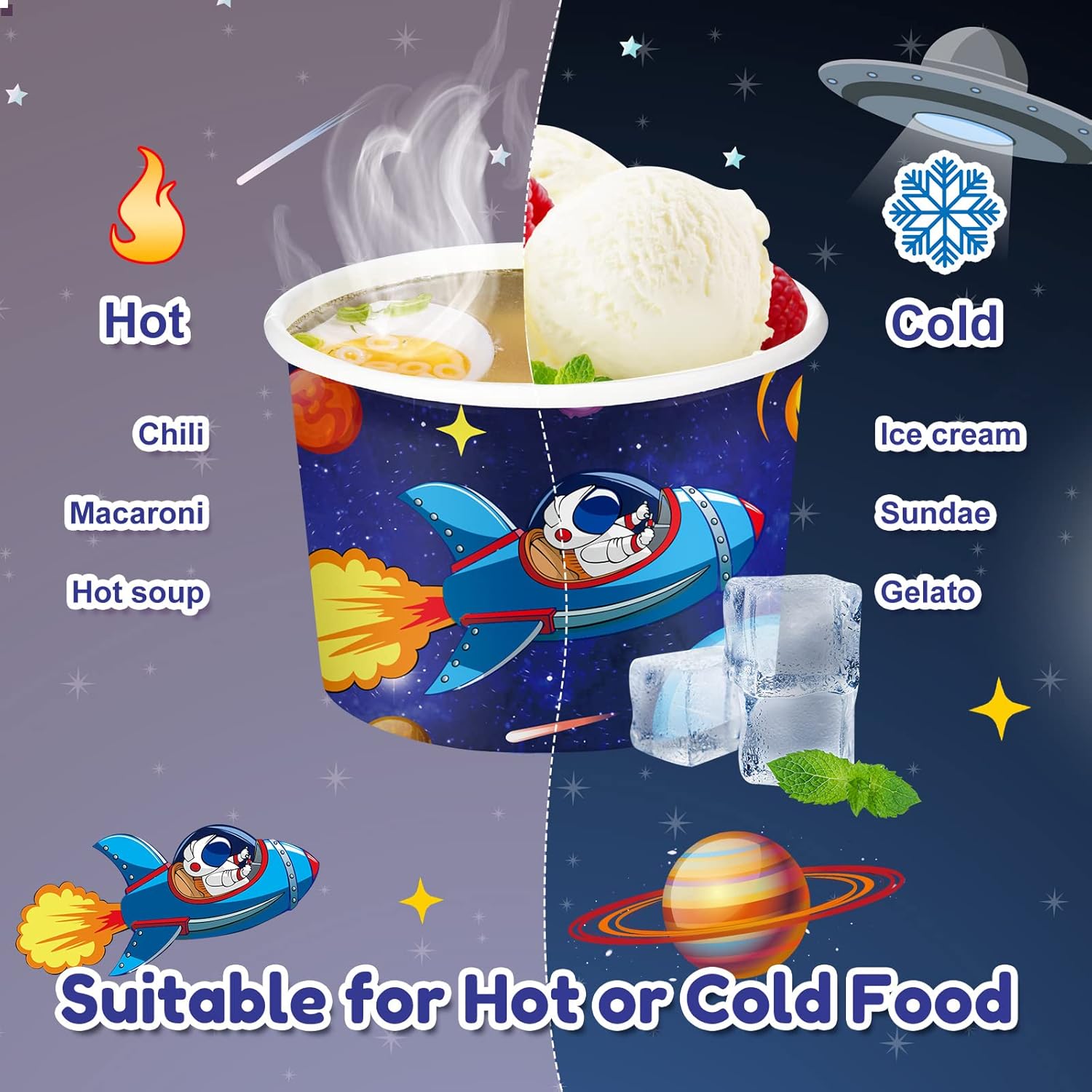 Didaey 150 Pieces Space Party Supplies Galaxy Ice Cream Paper Cups Disposable Snack Bowls Paper Dessert Soup Bowls for Hot or Cold Food, Kids Solar System Theme Party Baby Shower Decoration, 8 oz