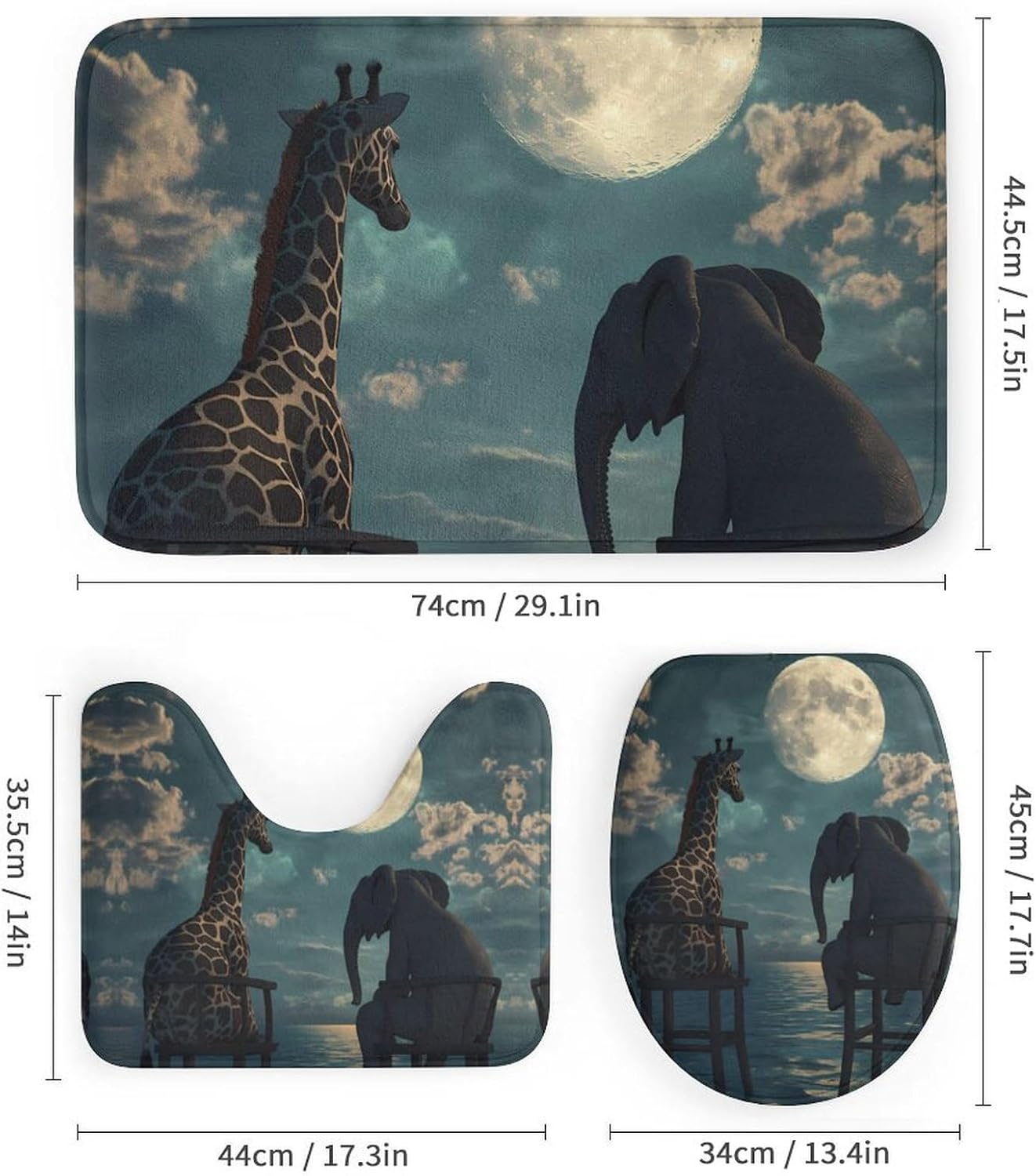 Giraffe Elephant Sea Moon Bathroom Sets with Shower Curtain and Rugs 4 Piece with U-Shaped Floor Mat Toilet Lid Cover