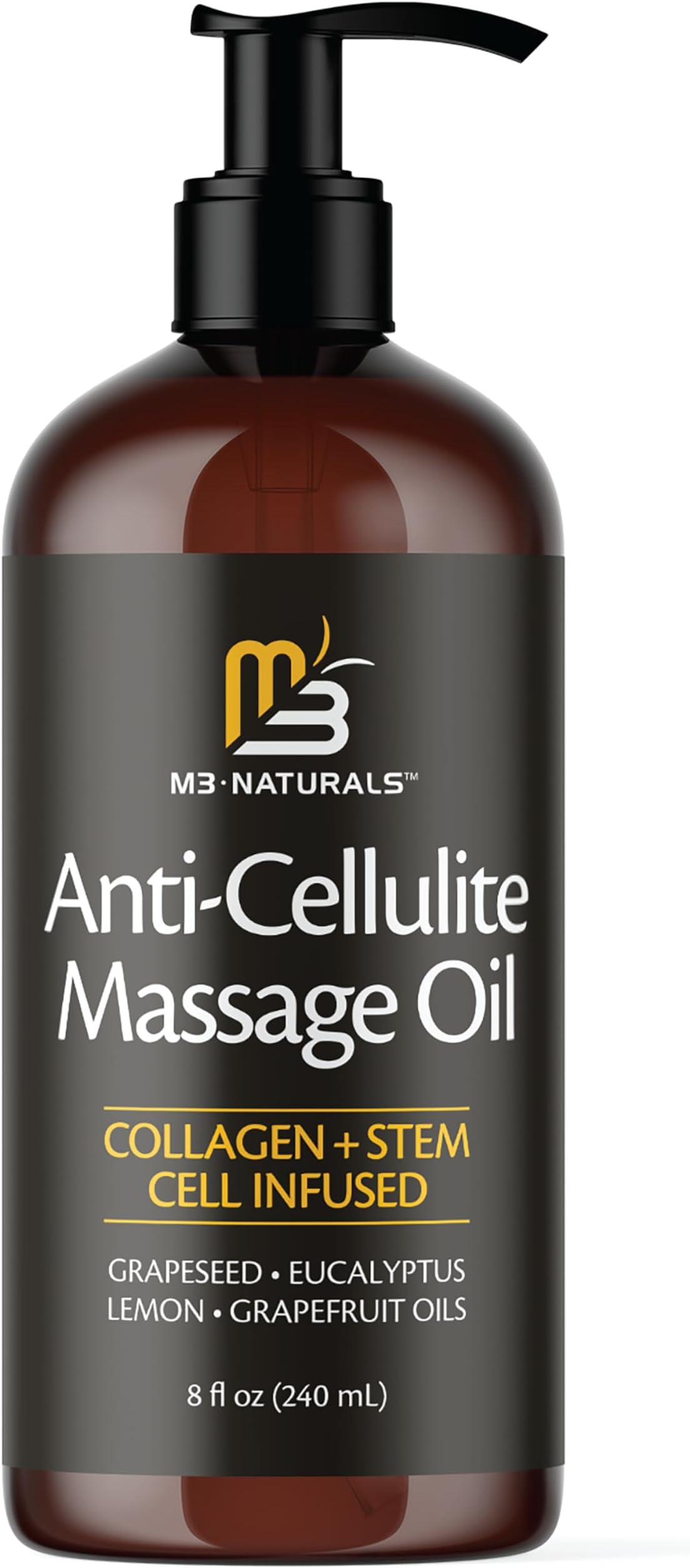 Anti Cellulite Massage Oil Infused with Collagen & Stem Cell All Natural Essential Oils Treatment Firms Tightens Tones Regenerates Moisturizes Targets Unwanted Fat Tissues 8 FL OZ
