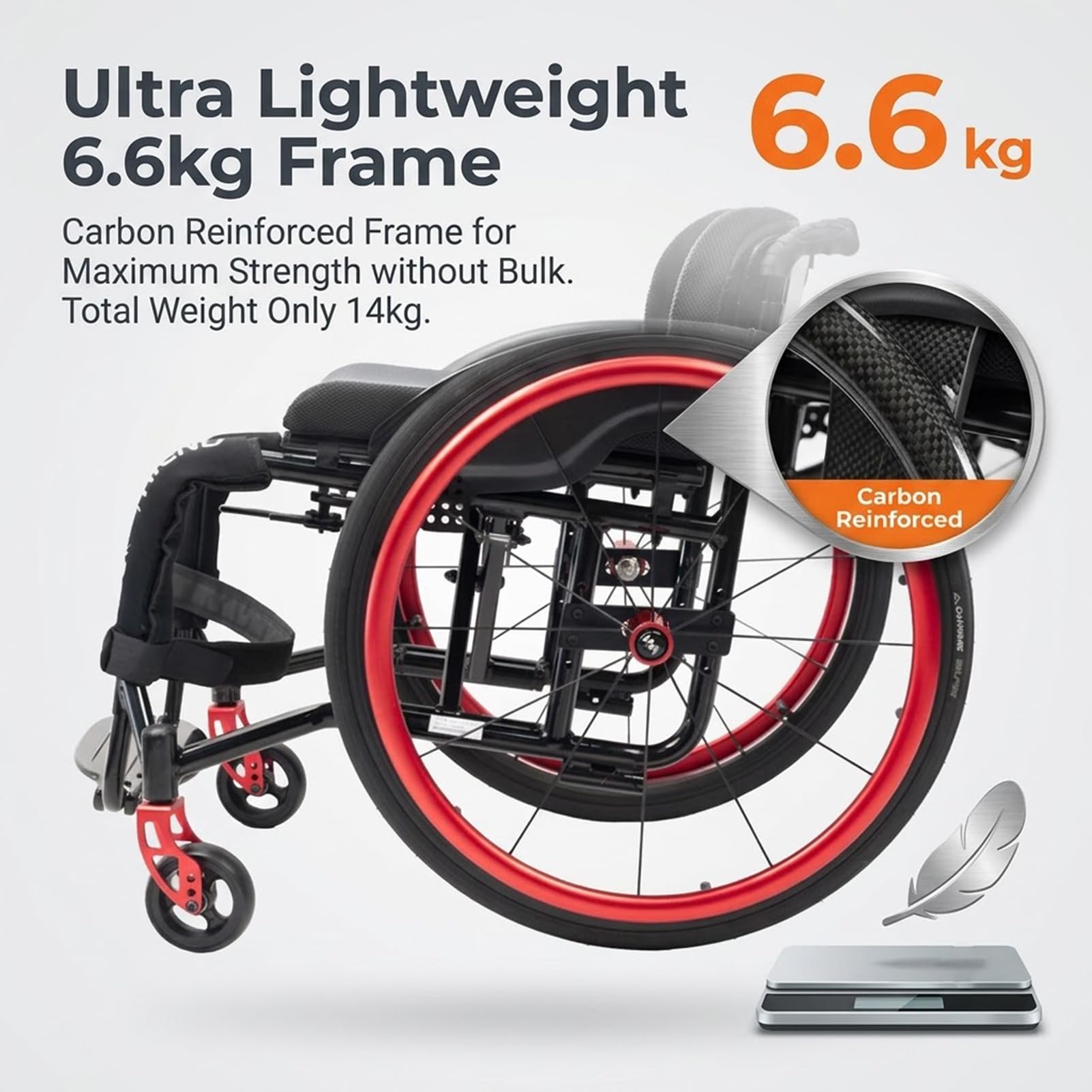 Sedia a Rotelle Sportiva Pieghevole Alluminio Autopropulsiva Manuale (Red,36cm)