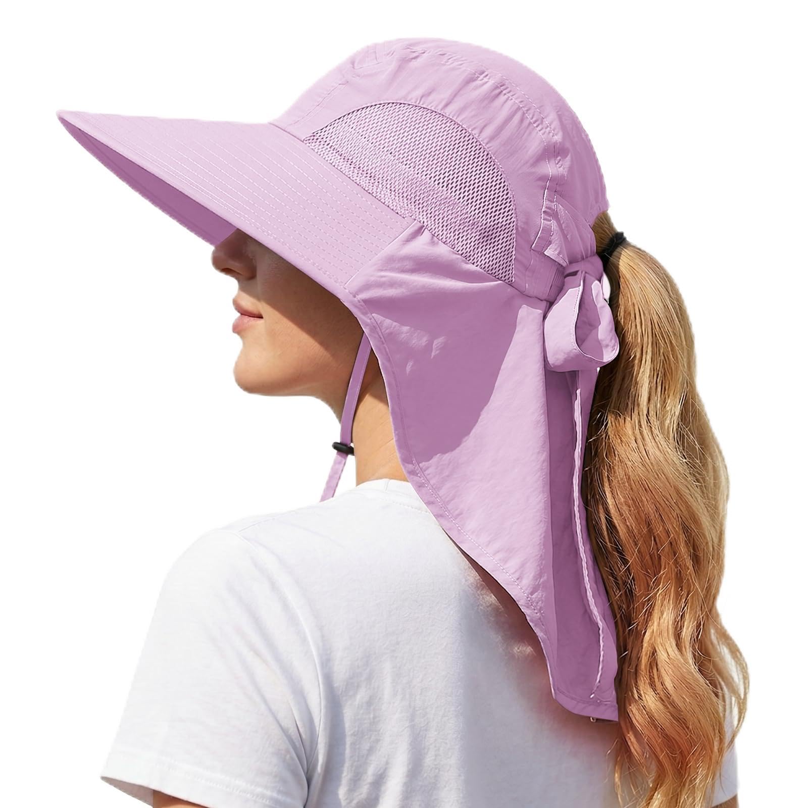 DRESHOW Outdoor Wide Brim Sun Hat with Neck Flap for Women UPF 50+ Foldable Adjustable Breathable Mesh UV Protection Beach Fishing Hats with Ponytail Hole