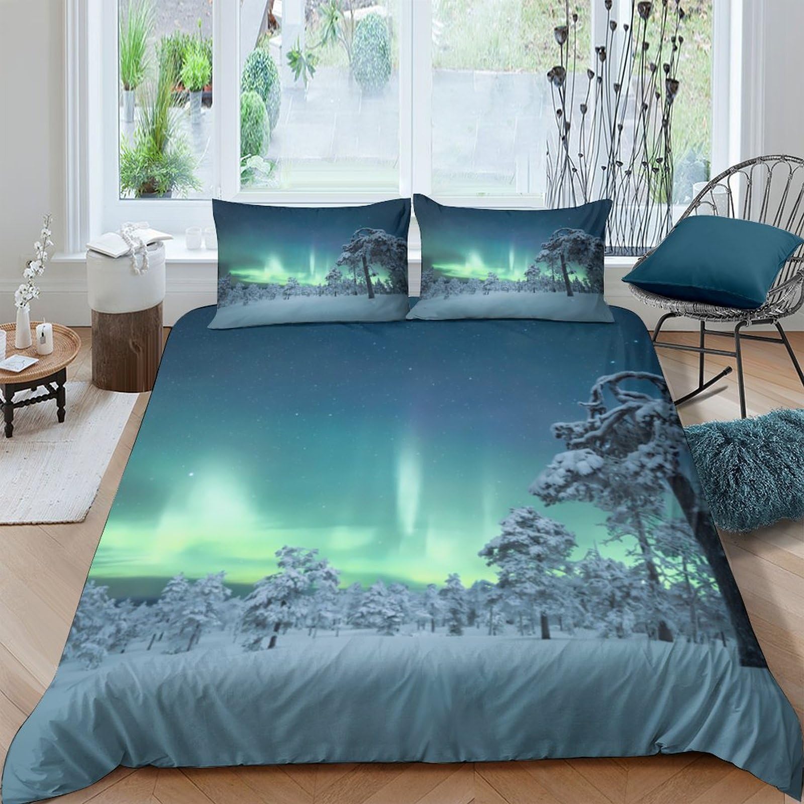 Ctjqhvkz Style-9 3D Printed Northern Lights Fitted Sheet Microfiber Soft Aurora Forest Mattress Cover For Bedroom Dorm Decor Single（135X200cm）