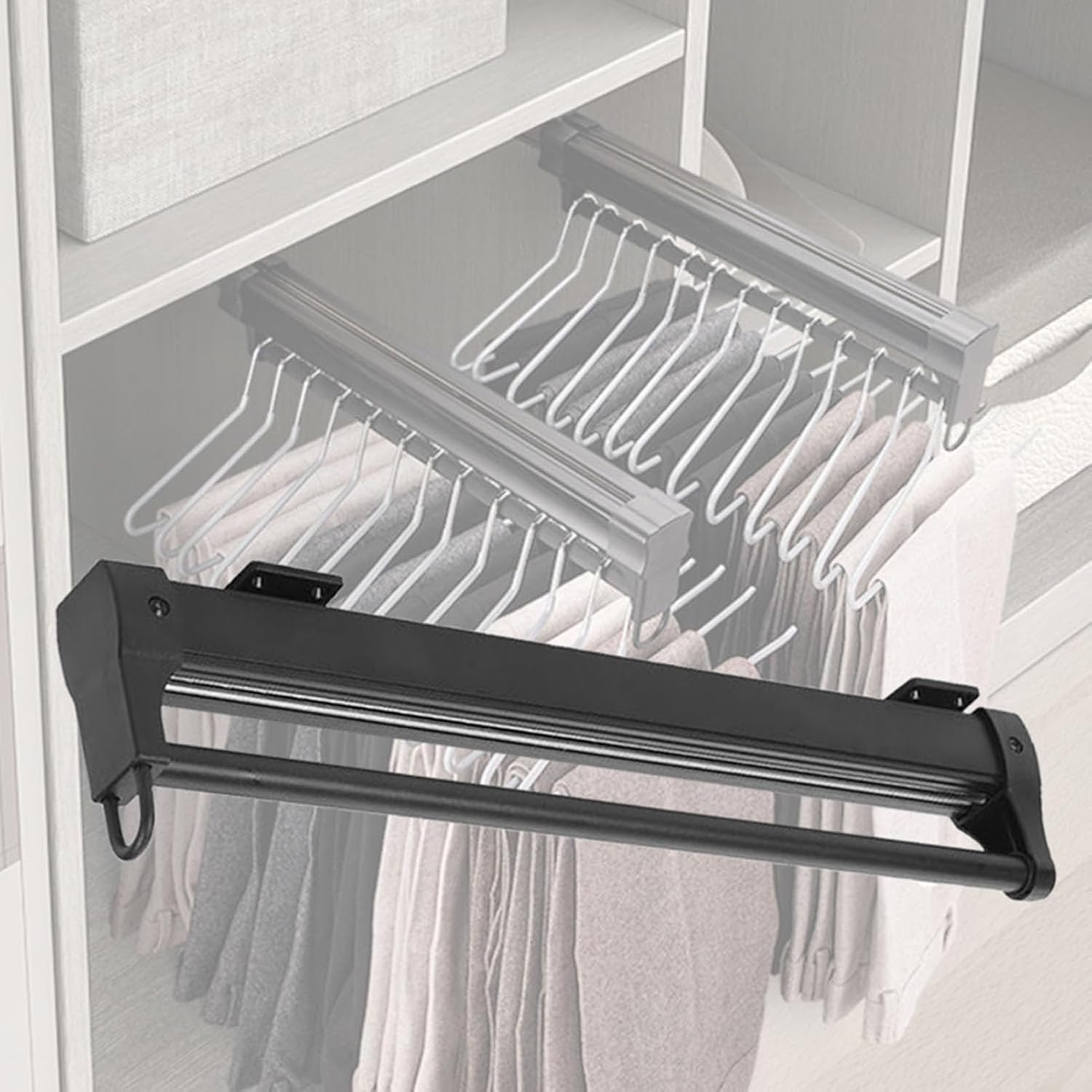 Heavy Duty Telescopic Closet Rod - Adjustable 350mm to 800mm Stainless Steel Pull Out Hanger, Space-Saving Sliding Rail for Wardrobe Organization